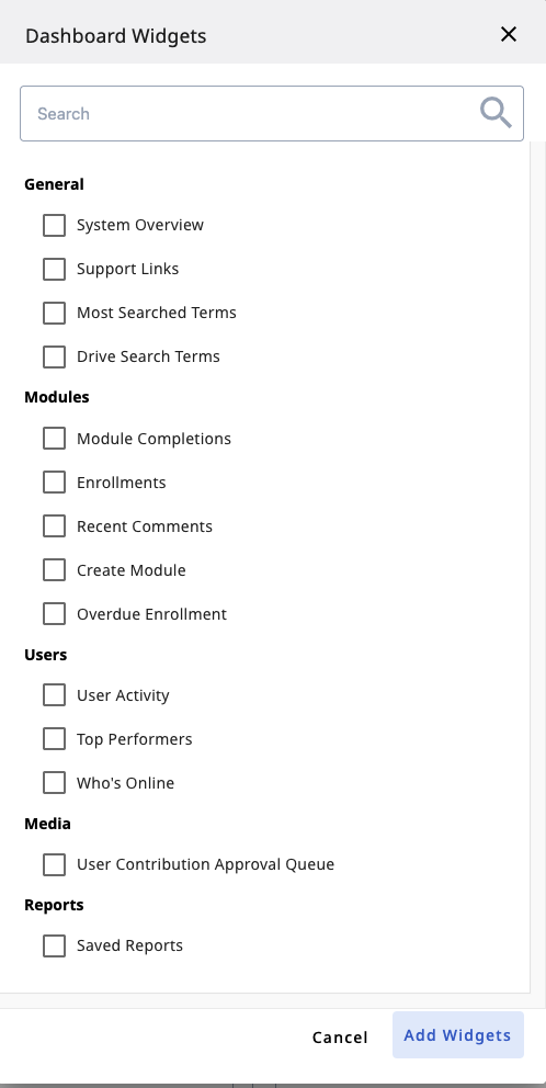 Dashboard Widgets Selection Screen